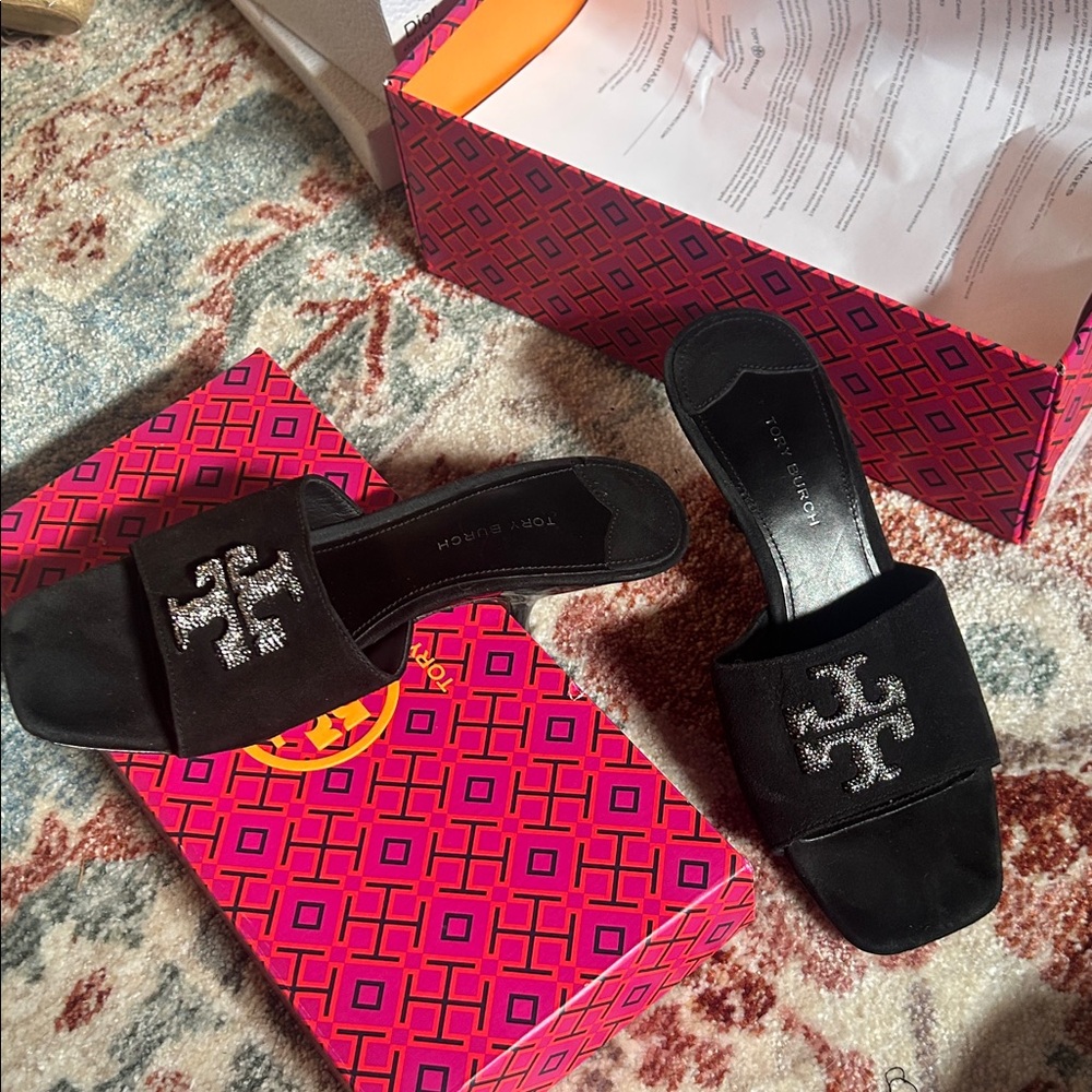 Tory Burch Black Mules with Silver Logo